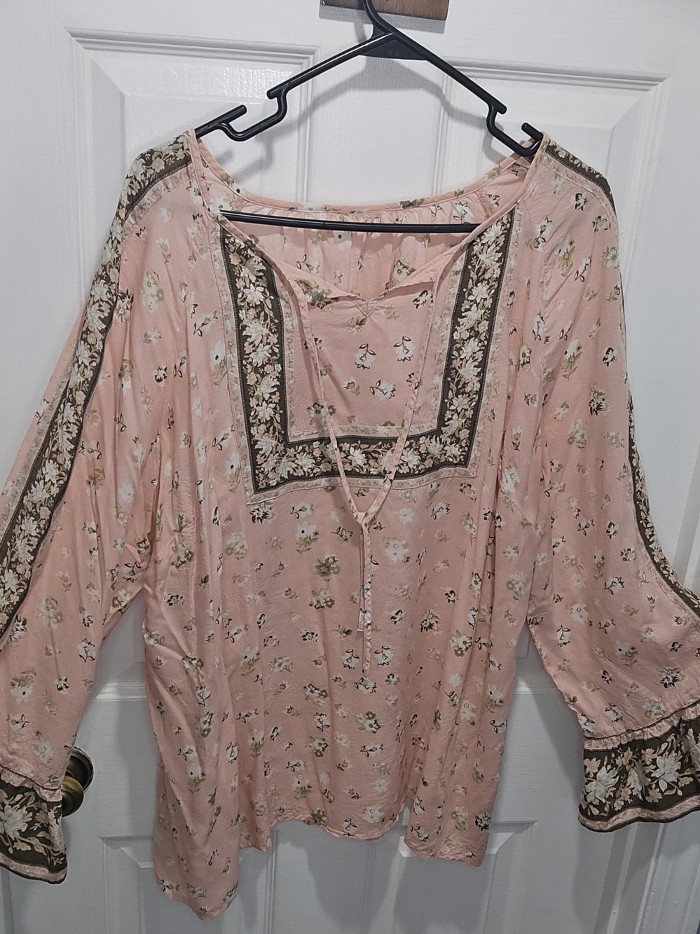 Women’s Pink Floral Peasant Top with Contrast Trim